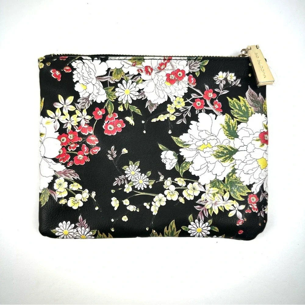 Big Buddha Clutch Black‎ Faux Leather Floral Makeup Cosmetic Bag Pouch Brand New